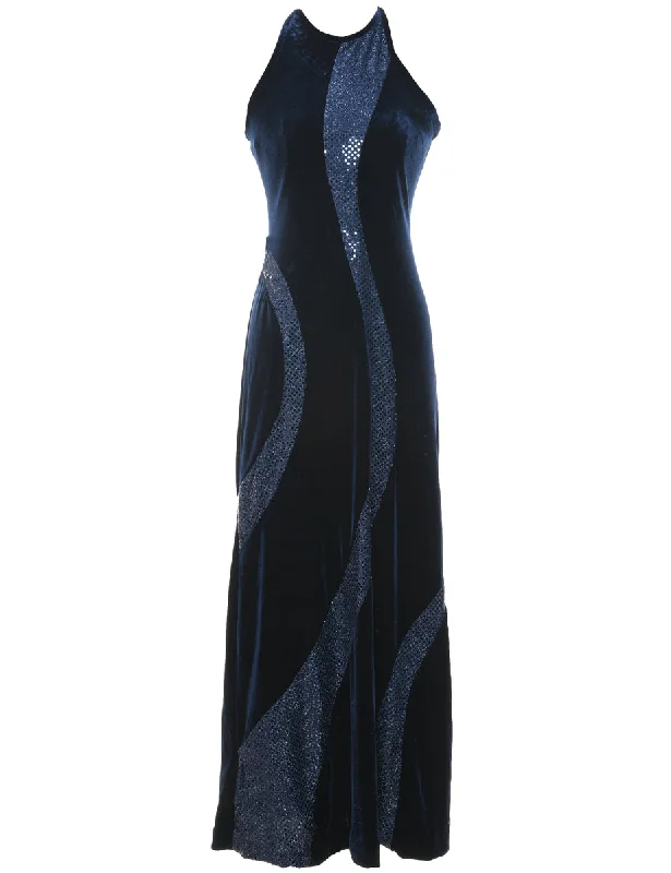 Doorbuster Deal Velvet & Sparkly Fabric Strappy 1990s Navy Evening Dress - XS