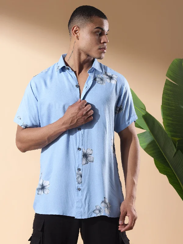 Today’s Deal Sky Blue HALF CASUAL PRINTED COTTON SHIRT REGULAR FIT FOR MEN