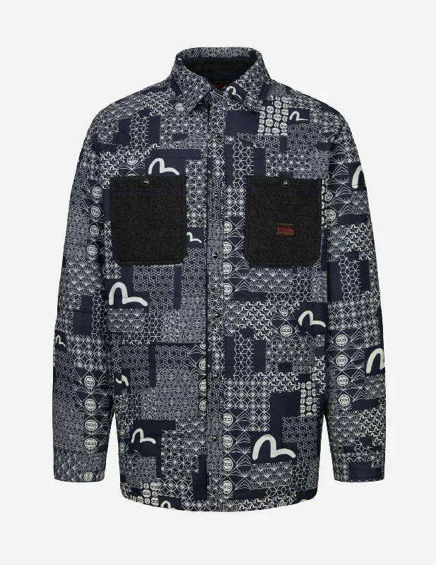 Limited Time Allover Seagull and Kamon Print Loose Fit Padded Shirt Jacket