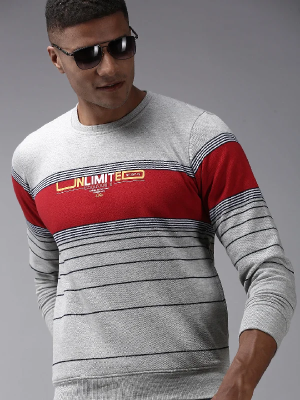 Make Your Weekend Count with Savings Men Grey Striped Sweatshirt