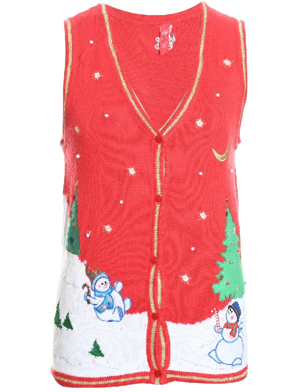 Online Exclusive Winter Scene Design Red Knit Christmas Vest - M