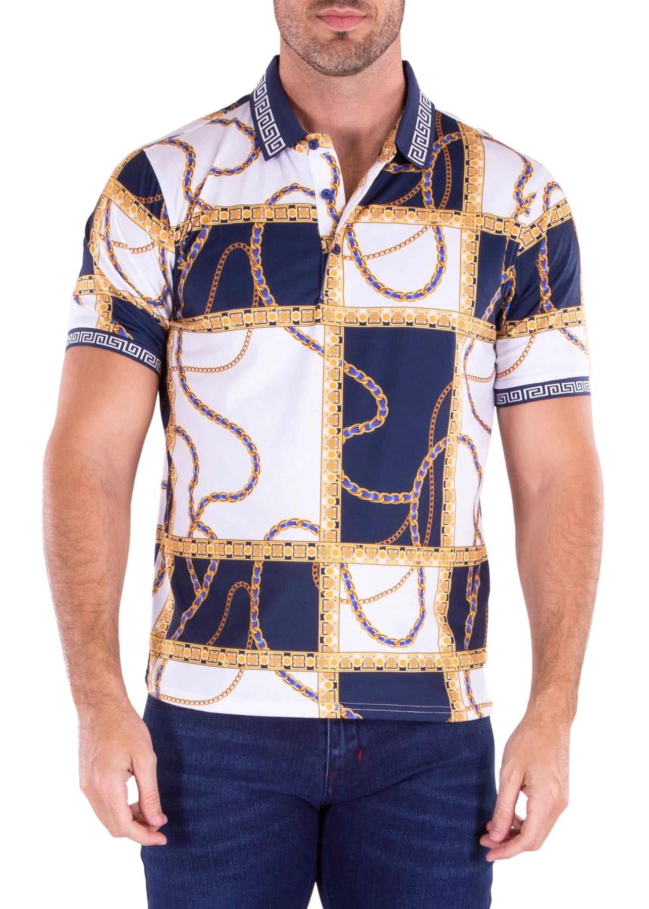 Steals and Deals BeSpoke Collection  Fancy Polo  Design White and Navy Short Sleeve Shirt