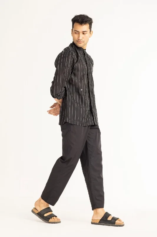 Seasonal Clearance Band Collar Shirt- Black Chanderi