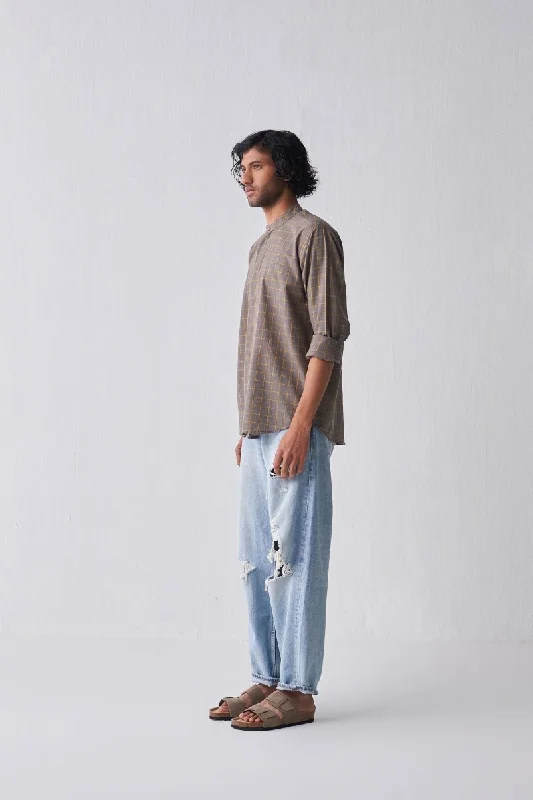 Clearance Event Band Collar Shirt - Charcoal Check