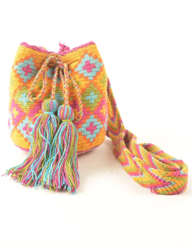 Act Now Woven Multi-Colour Pom Pom Detail Bucket Bag - S