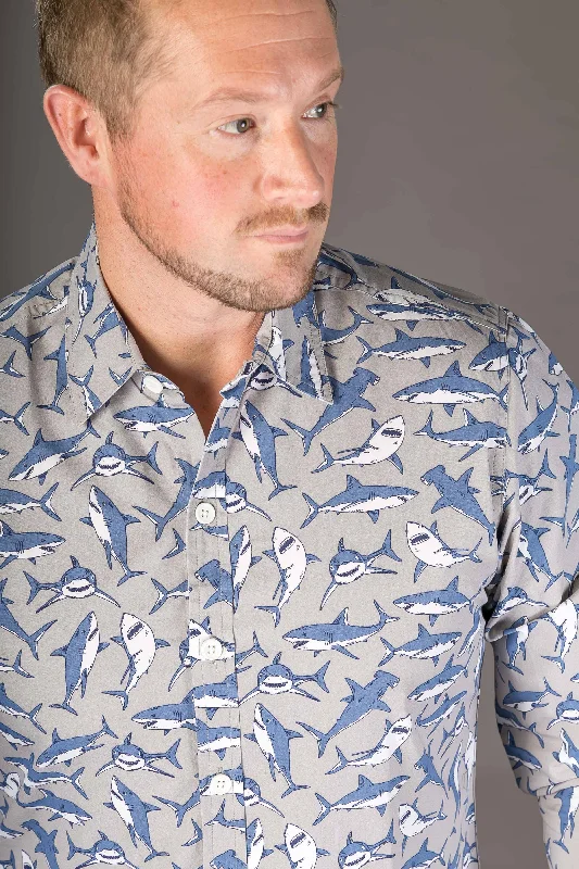 Final Clearance Shark Grey Blue Print Cotton Slim Fit Mens Shirt Long Sleeve