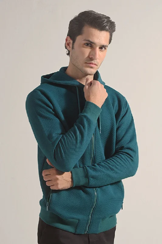 Referral Discount Textured Zipper Hoodie - Teal Green