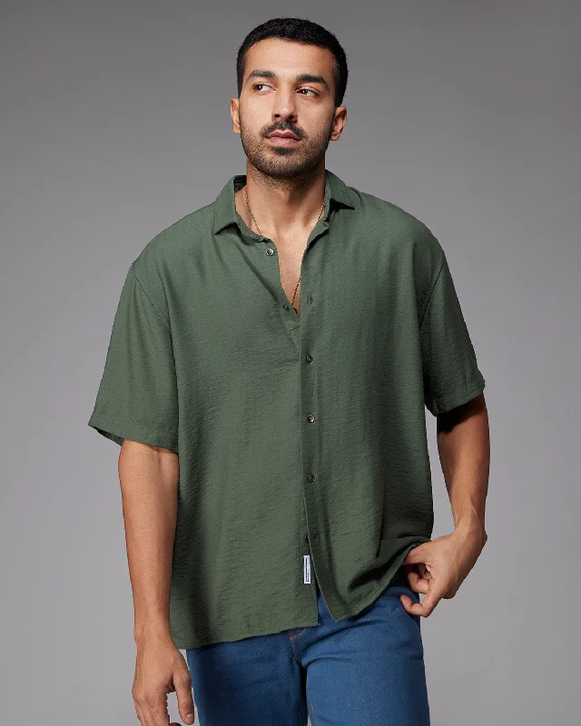 Flash Deals Green Half-Sleeve Twill Shirt