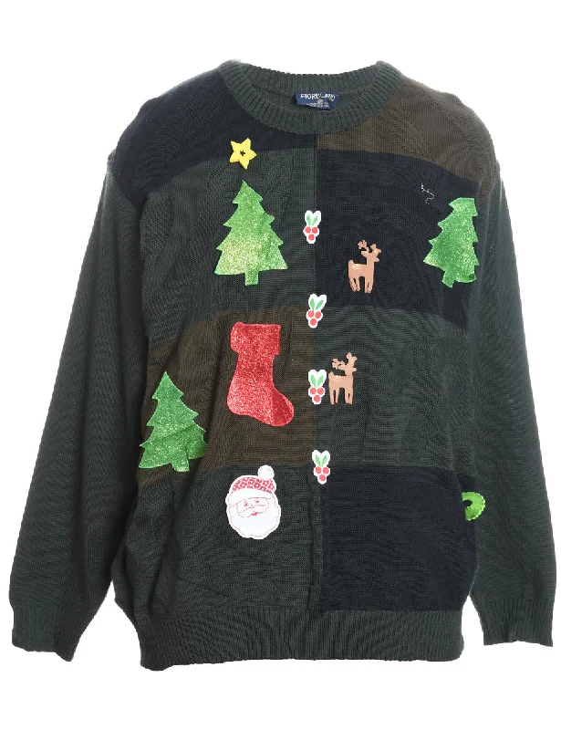 Weekend Discounts to Love Wool Dark Green Knit Christmas Jumper - M