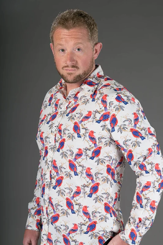 Instant Discount Birds Red Floral Print Cotton Slim Fit Mens Shirt Long Sleeve