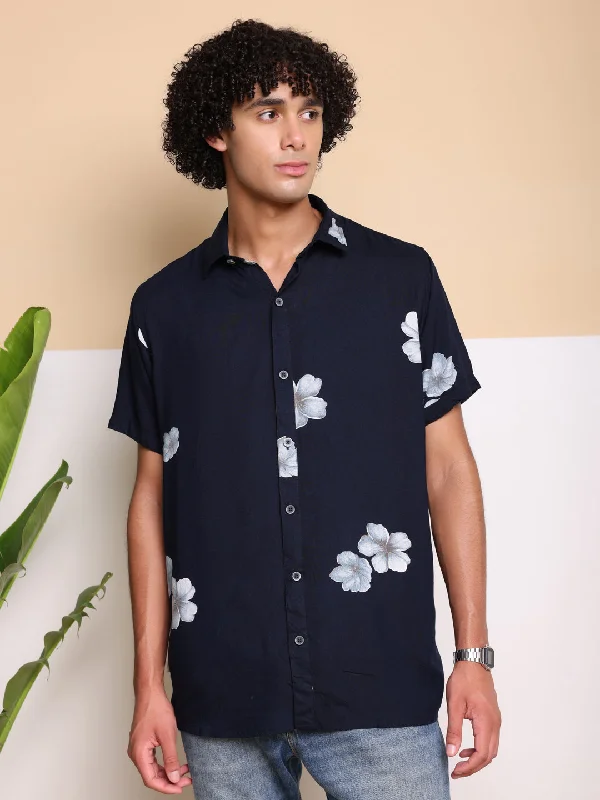 Super Savings Navy Blue HALF CASUAL PRINTED COTTON SHIRT REGULAR FIT FOR MEN