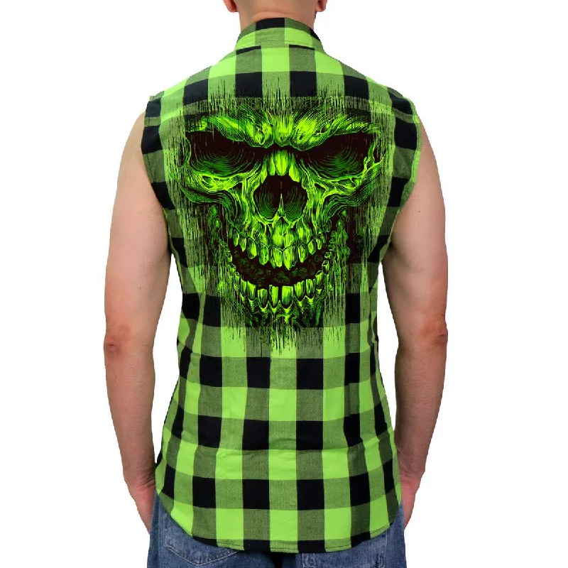 Final Offer Hot Leathers GMS3492 Men’s Black and Green Shredder Skull Sleeveless Flannel Shirt