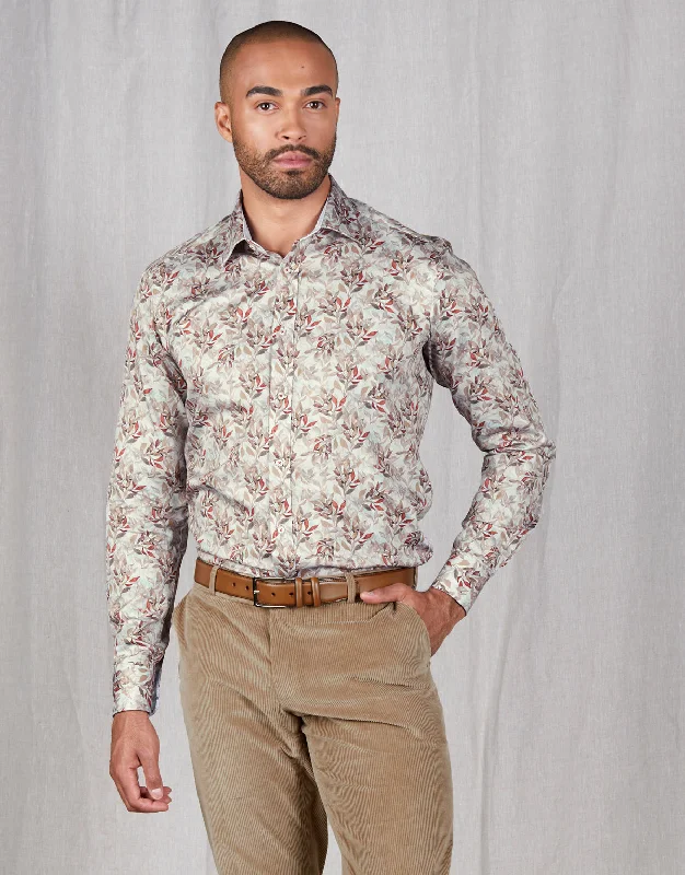 Weekend Extravaganza: Shop Now Barbican Beige & Red Leaf Print Shirt