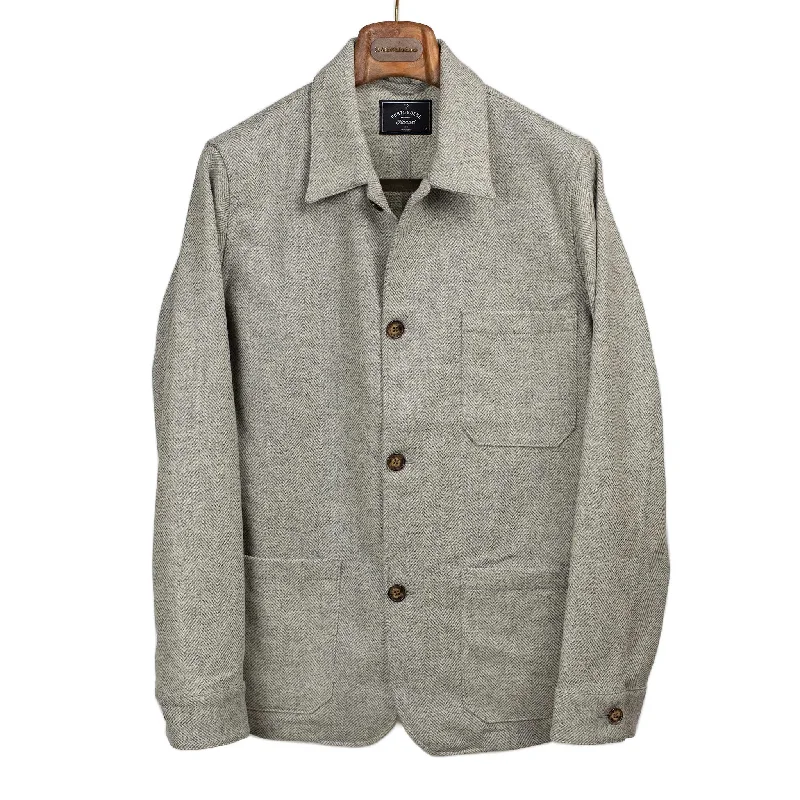 New Arrival Labura chore coat in grey and cream herringbone brushed wool
