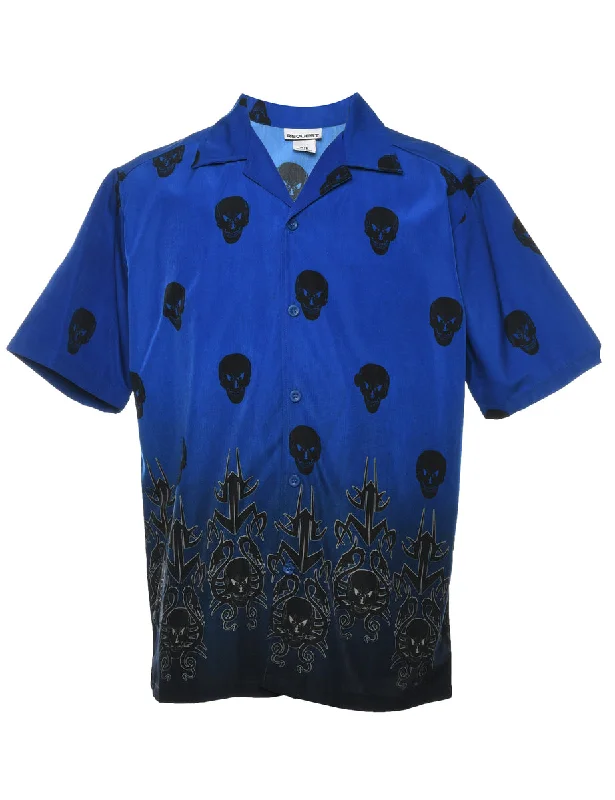 Now Available Y2K Short Sleeve Blue & Black Skull Design 1990s Shirt - S