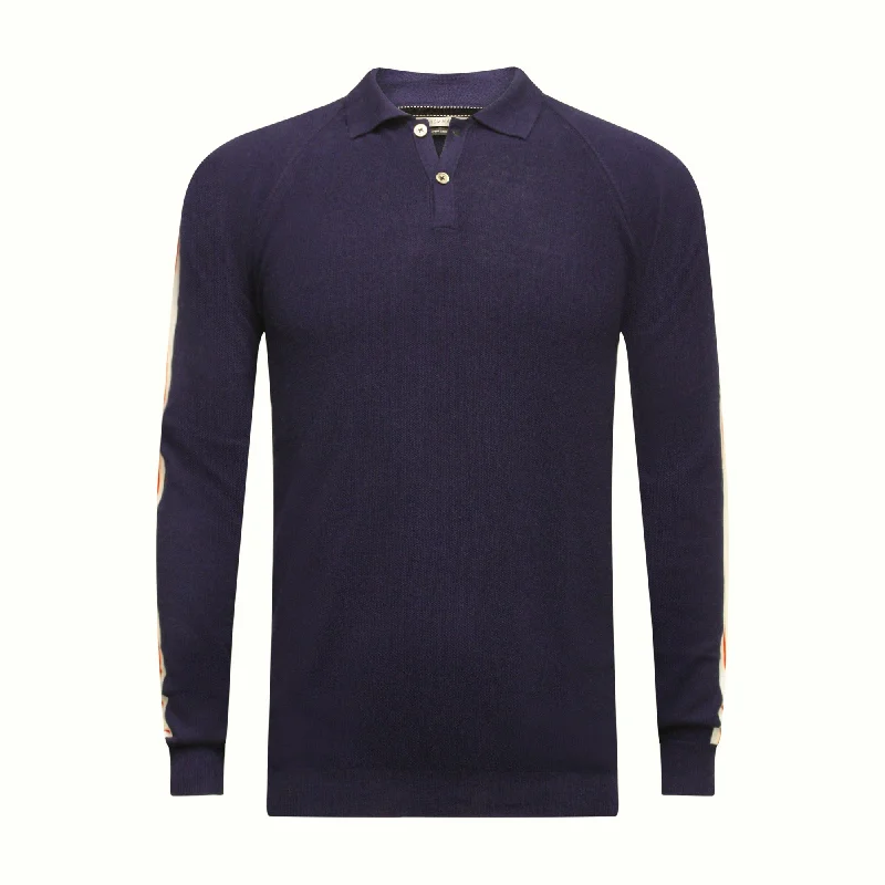 Best Seller Long Sleeve Polo Shirt with sleeve striping Monaco Navy