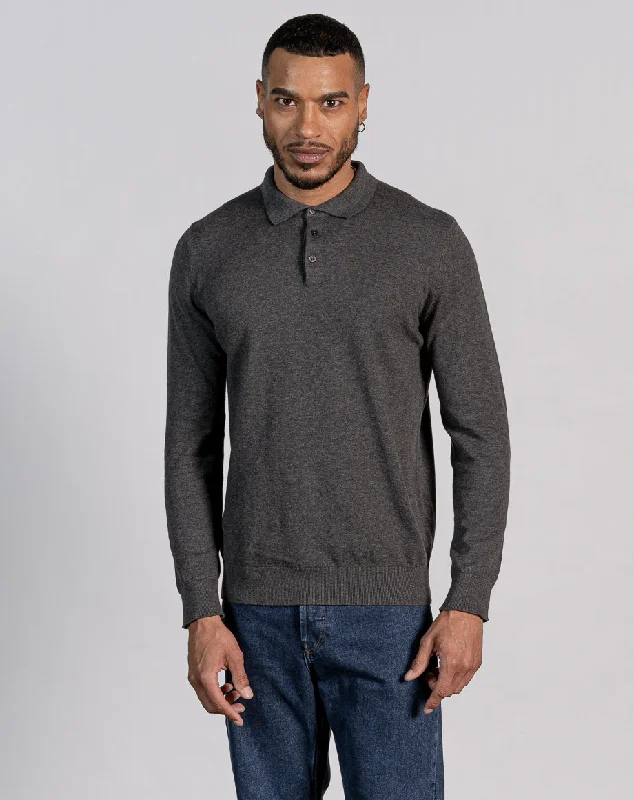 Exclusive Deal ESSENTIAL LONG SLEEVE BUTTON KNITTED POLO - CHARCOAL MARL