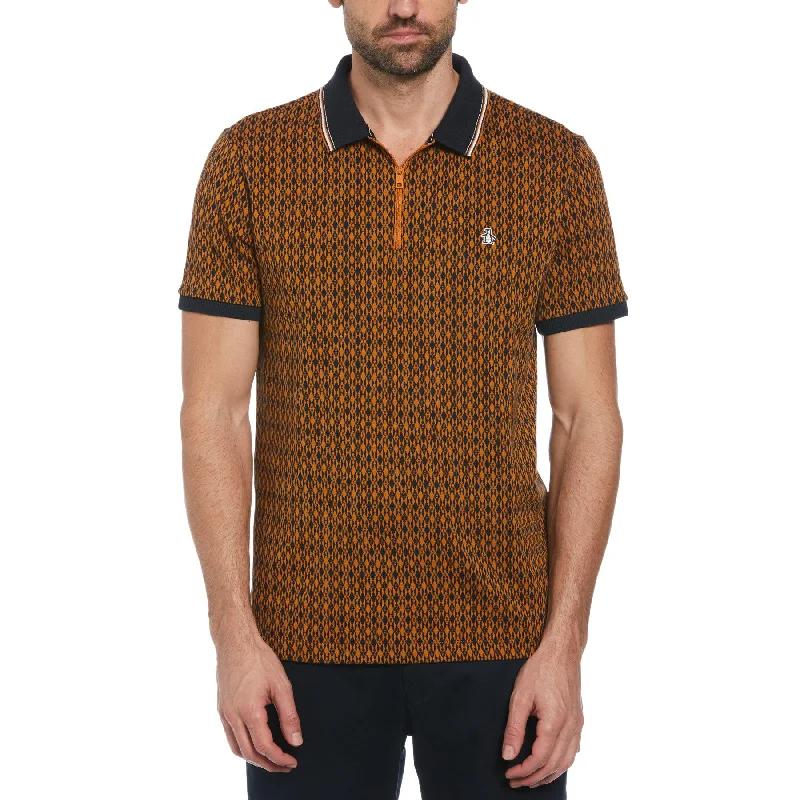 Discount Days Jacquard Argyle Print 1/4 Zip Polo In Sudan Brown