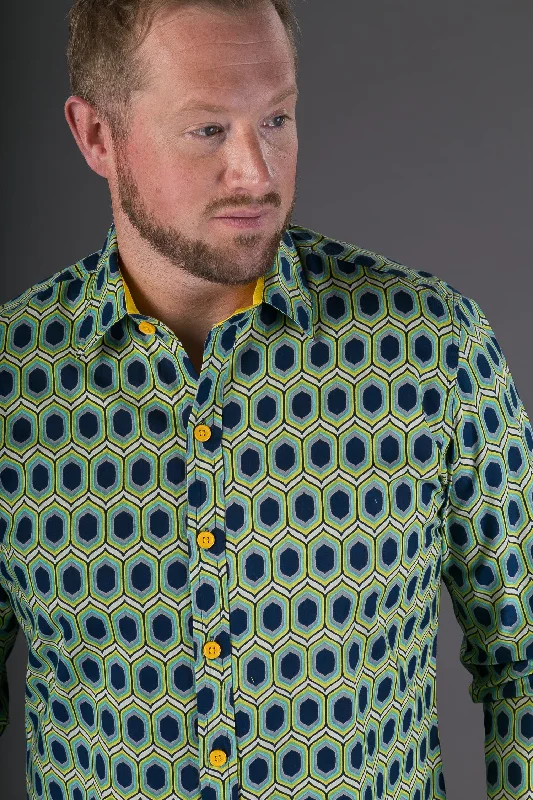 New Markdowns Blue Yellow Green Geometric Print Cotton Slim and Regular Fit Mens Shirt Long Sleeve