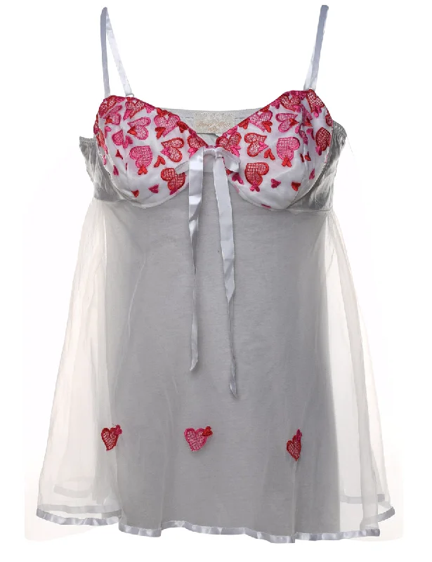 Extra Discount White & Pink Heart Design Sheer Babydoll - L
