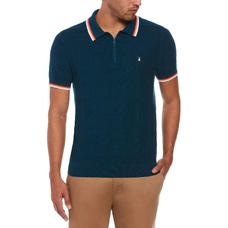 YEAR-End Sale Icons Quarter Zip Short Sleeve Knitted Polo Shirt In Poseidon Blue