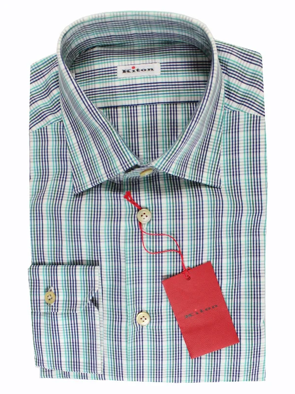 Stock Clearance Kiton Shirt White Turquoise Green Navy Check Long Sleeve 41 - 16 BLACK FRIDAY SALE