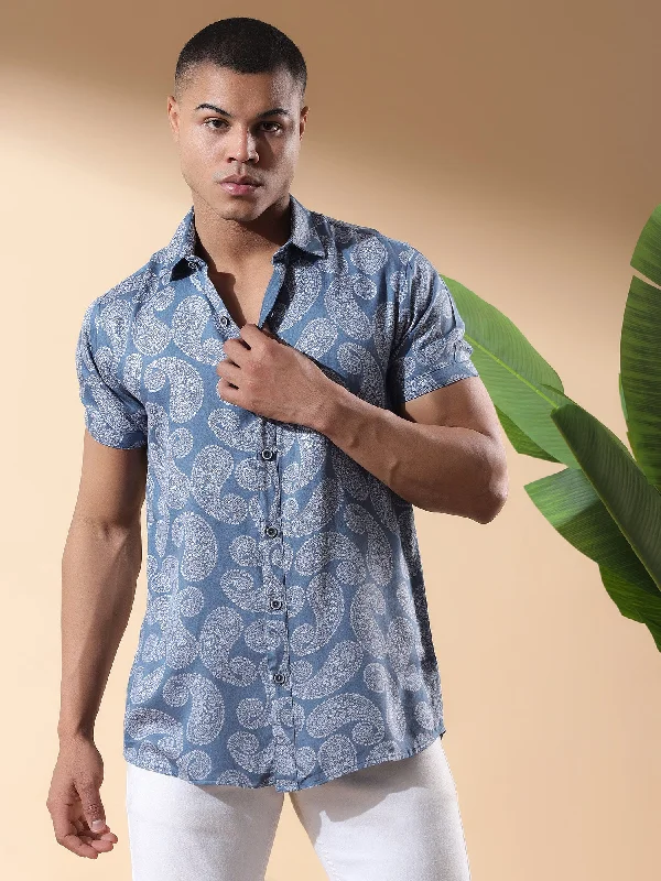Overstock Blue Half Casual Printed Cotton Shirt Regular Fit For Man-Blue