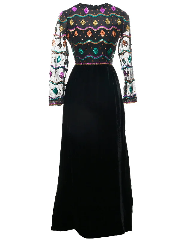 Bargain Bin Velvet Embellished  Evening Dress - S