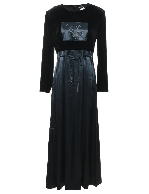 Special Savings Velvet Black & Teal Silky Floral Evening Dress - L