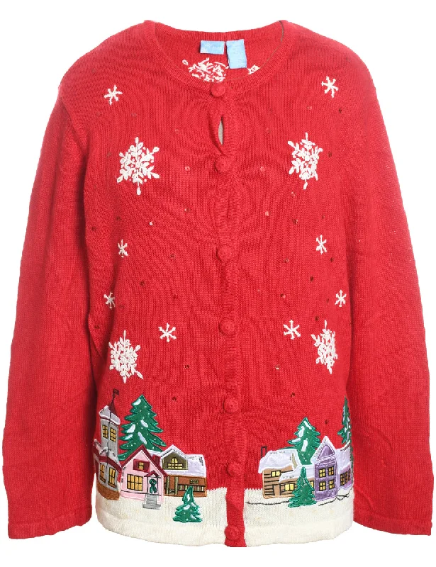 Now or Never Winter Scene Design Knit Red Christmas Cardigan - M