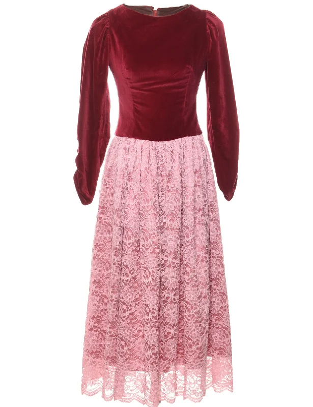 Weekend Offers That Sizzle Two-Tone Maroon & Pink Velvet & Lace Evening Dress - M