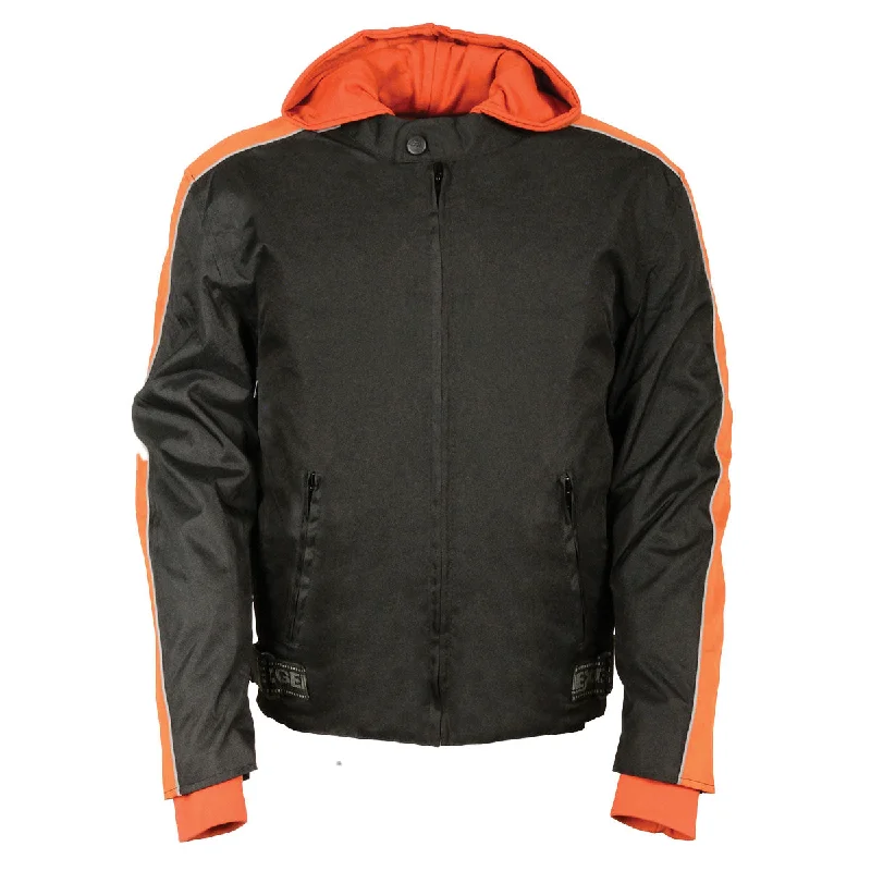 Now Available NexGen SH2035 Men's Black and Orange Nylon Racer Jacket with Hoodie