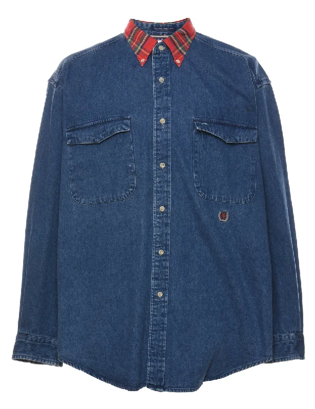 YEAR-End Clearance Tommy Hilfiger Dark Wash & Tartan Contrast Collar 1990s Denim Shirt - L YEAR-End Clearance Tommy Hilfiger Dark Wash & Tartan Contrast Collar 1990s Denim Shirt - L