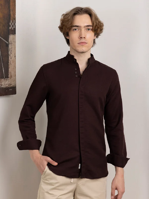 Overstock Sale Brown Chinese Collar Shirt