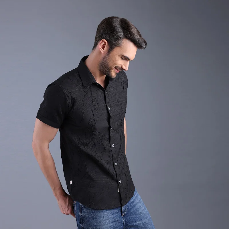 Price Break Black Coconut Textured Half Shirt