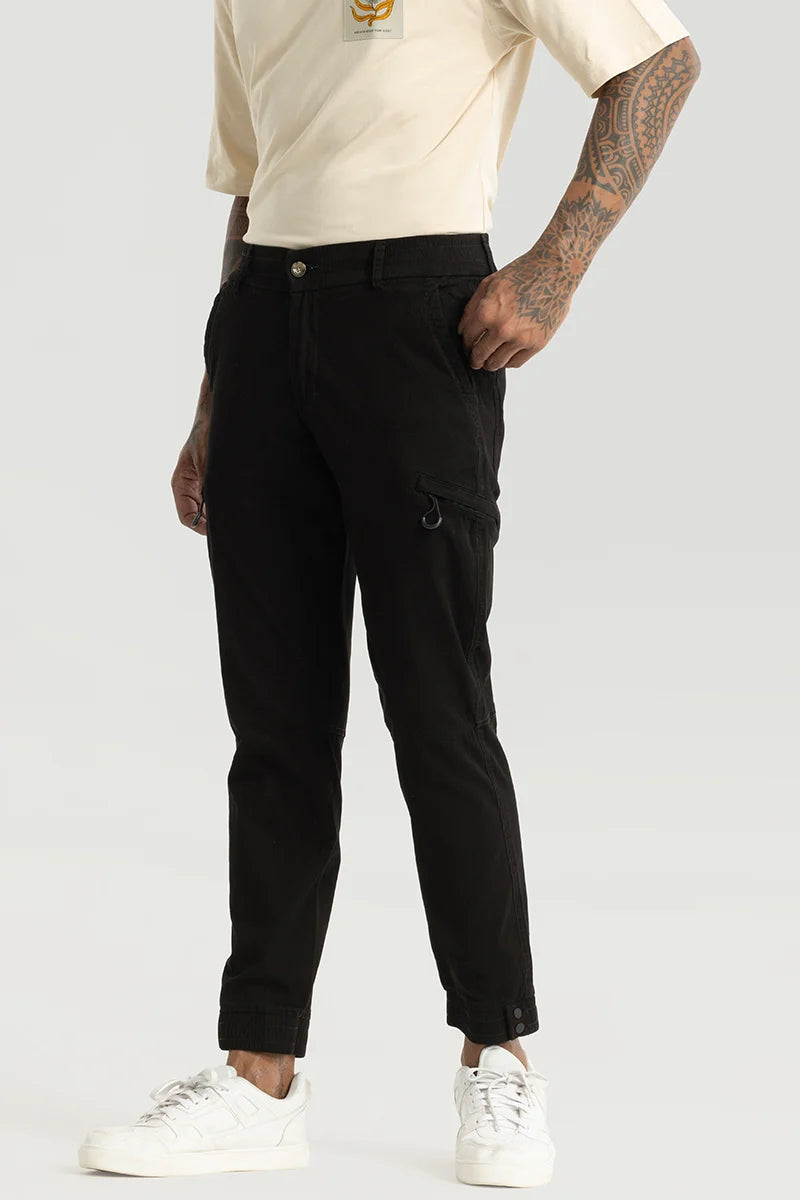 Early Bird Enchant Black Plain Slim Fit Cargo Pants