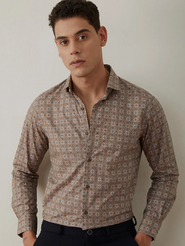 Can't Be Beat Light Brown Printed Cotton Shirt