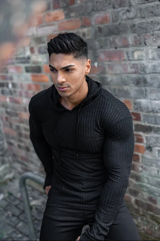 Top Pick Father Sons Classic Black Ribbed Knit Hoodie Jumper - FSH218