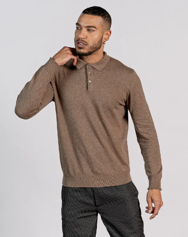 New Arrival ESSENTIAL LONG SLEEVE KNITTED POLO TOP - BROWN