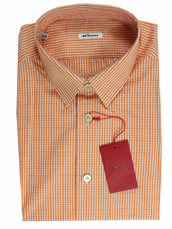 Discount Deals Kiton Short Sleeve Shirt White Orange Check 42 - 16 1/2 REDUCED - SALE