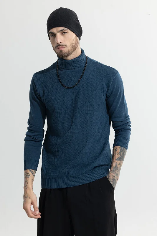 Deep Discounts Rhomboid Blue Turtle Neck Sweater