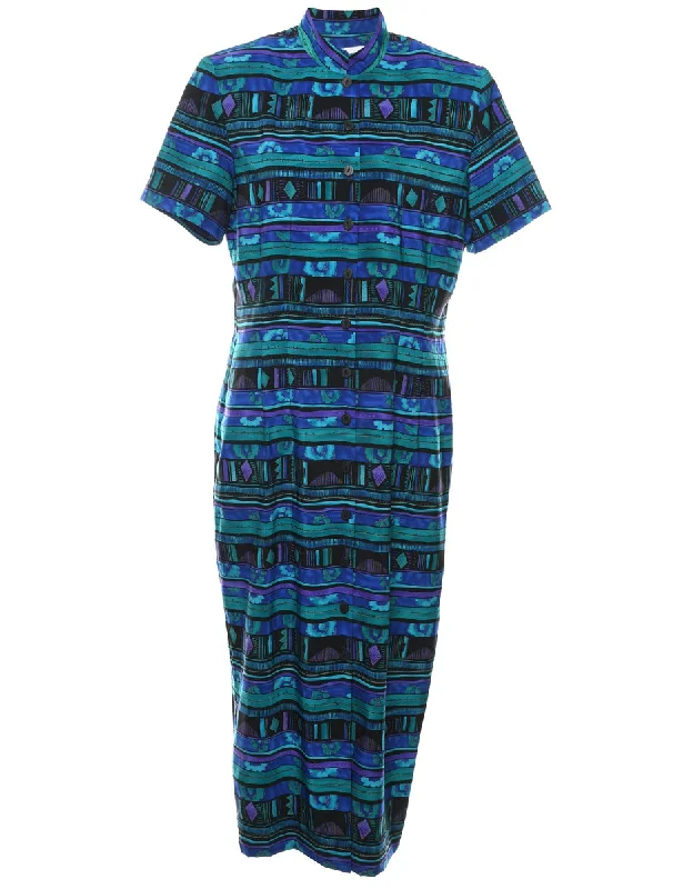 Exclusive Weekend Offers Inside Turquoise & Navy Patterned Button-Front Dress - M