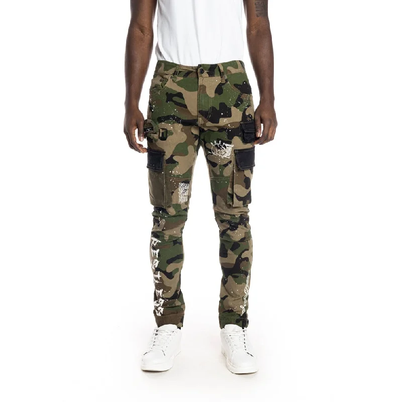 Final Clearance Slim Tapered Utility Fashion Cargo Twill Pants - Wood Camo