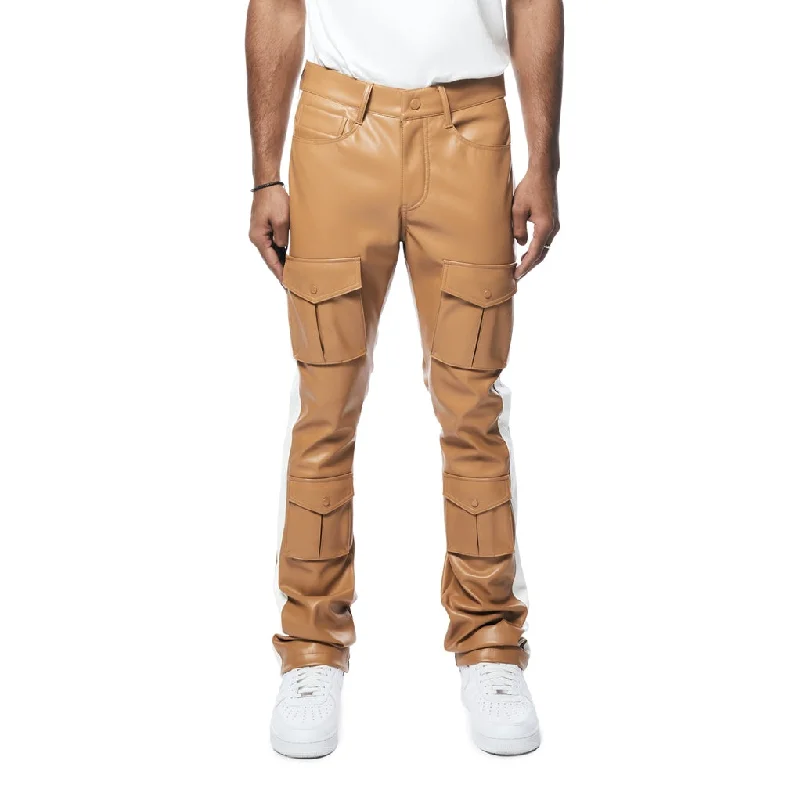 The Best Prices Stacked Striped Vegan Leather Cargo Pants - Tan