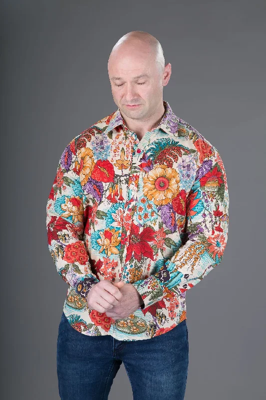 Closeout Floral Print Cotton Slim Fit Mens Shirt Long Sleeve