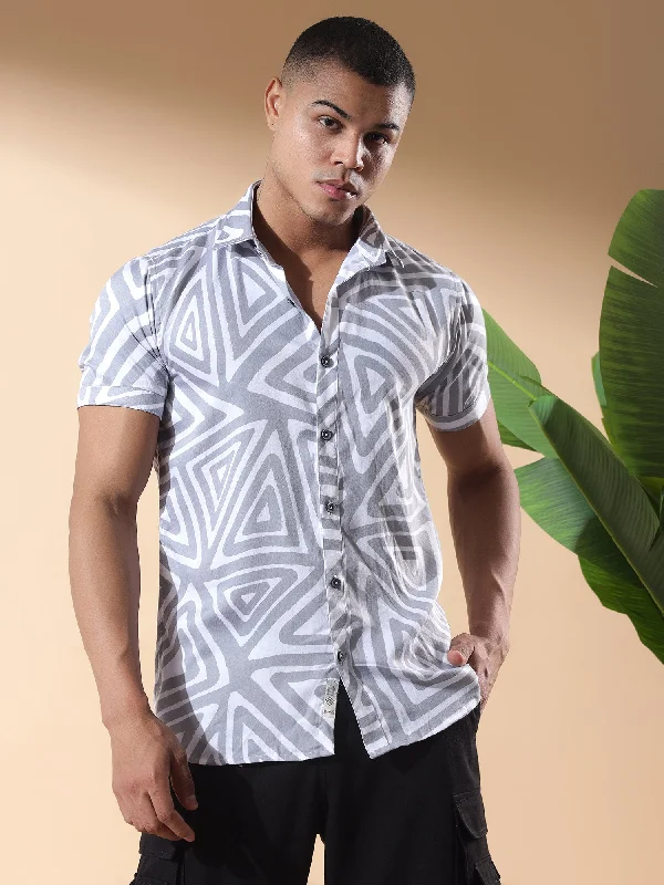 Shop and Save Grey Half Casual Printed Cotton Shirt Regular Fit For Man