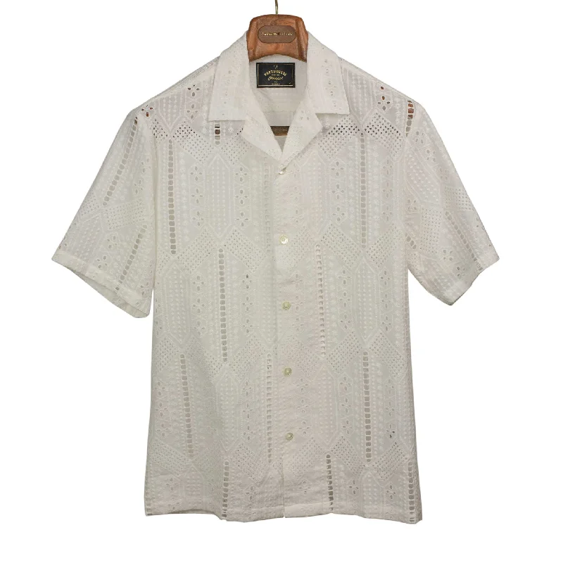 Lowest Rates Sofa Towel camp collar shirt in ecru floral cutout cotton