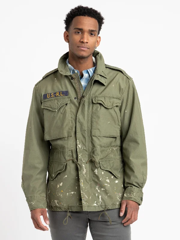 Act Now Green Paint-Splatter Twill Field Jacket
