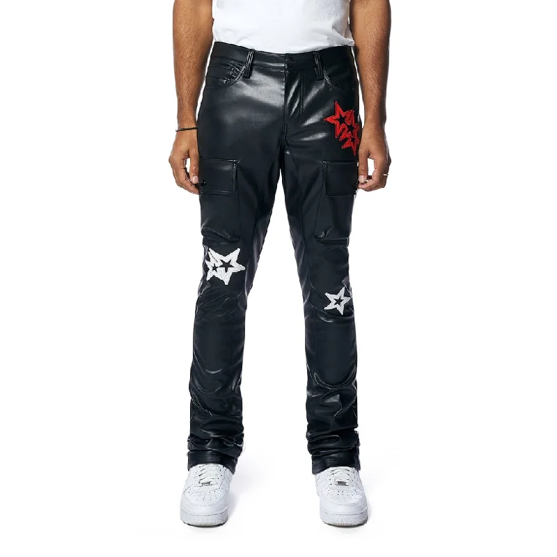 Final Clearance Stacked 3D Embroidered Vegan Leather Cargo Pants - Black