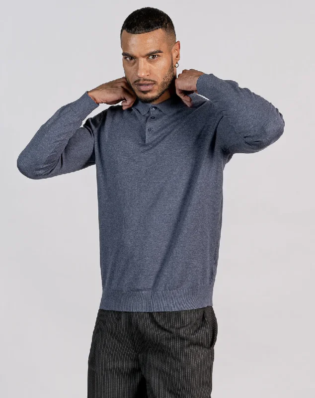 Today Only ESSENTIAL LONG SLEEVE KNITTED POLO TOP - MID BLUE